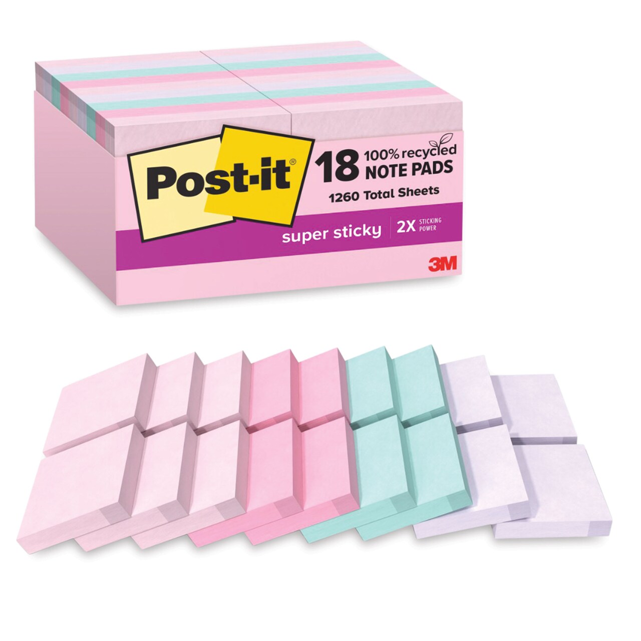 Post-it Recycled Super Sticky Notes - Wanderlust Pastels Collection, 1-7/8" x 1-7/8", Pkg of 18